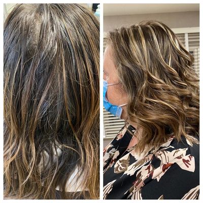 Balayage half lang haar, voor en na